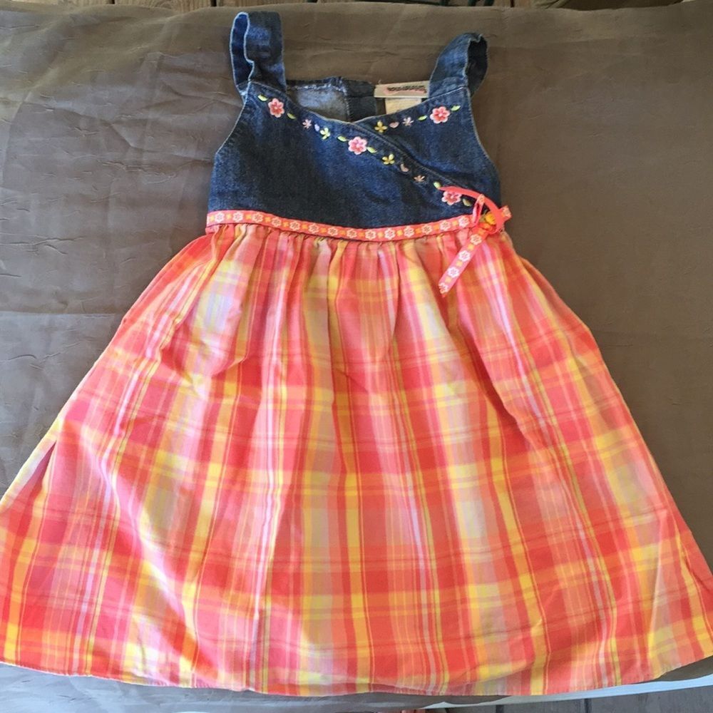 Jumper Dress by Youngland Sz 3T Denim Plaid Spring Summer Blue Coral